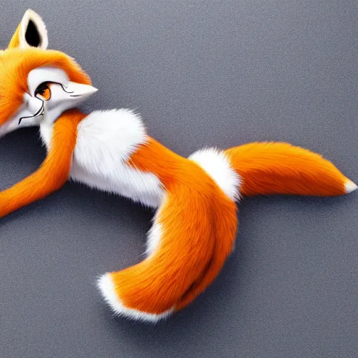 Prompt: full body shot of a anthropomorphic female fox with short white fur covering her body in the style of zootopia, far shot, top down view