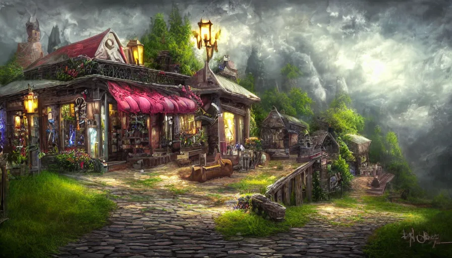 Prompt: magical shop on a hill, sharp focus, cinematic, extremely detailed digital painting