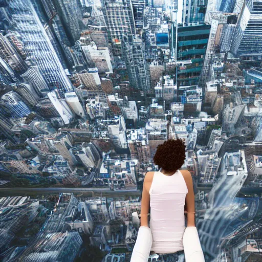 Image similar to a woman sitting on a flying bed, she is looking down on the buildings far below her, uhd, 8k, dreamy, photo, hyper detailed,