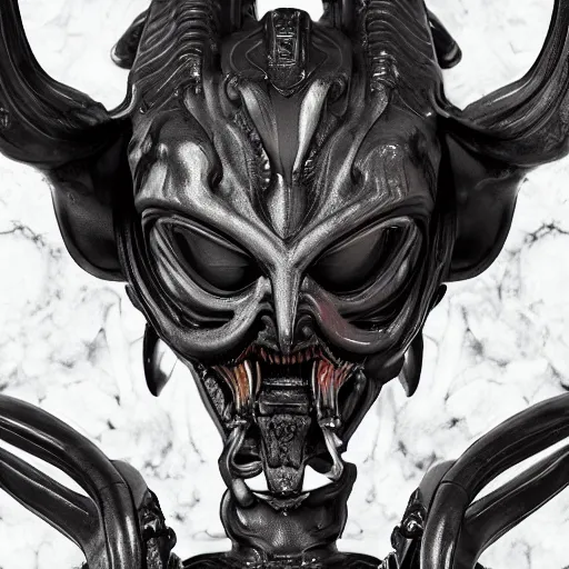 Image similar to engineer prometheus, xenomorph alien, highly detailed, symmetrical long head, smooth marble surfaces, detailed ink illustration, raiden metal gear, cinematic smooth stone, deep aesthetic, concept art, post process, 4k, carved marble texture and silk cloth, latex skin, highly ornate intricate details, prometheus, evil, moody lighting, hr geiger, hayao miyazaki, indsutrial Steampunk