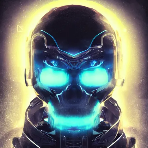 Image similar to centered front face hyperdetailed portrait of a mecha skull ronin wearing hoodie, 8k, digital painting, futuristic, black neon lights, trending on CG society