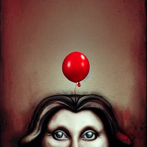 Prompt: surrealism grunge cartoon portrait sketch of a mushroom with a wide smile and a red balloon by - michael karcz, loony toons style, mona lisa style, horror theme, detailed, elegant, intricate