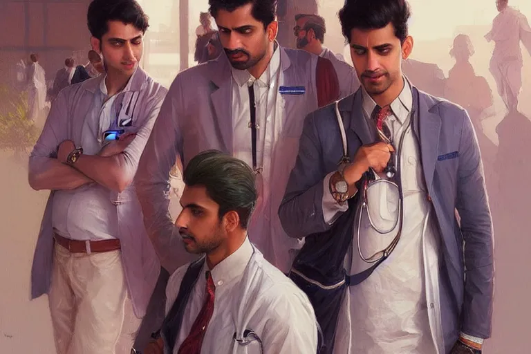 Image similar to Anxious good looking pale young Indian doctors wearing American clothes at the airport, portrait, elegant, intricate, digital painting, artstation, concept art, smooth, sharp focus, illustration, art by artgerm and greg rutkowski and alphonse mucha