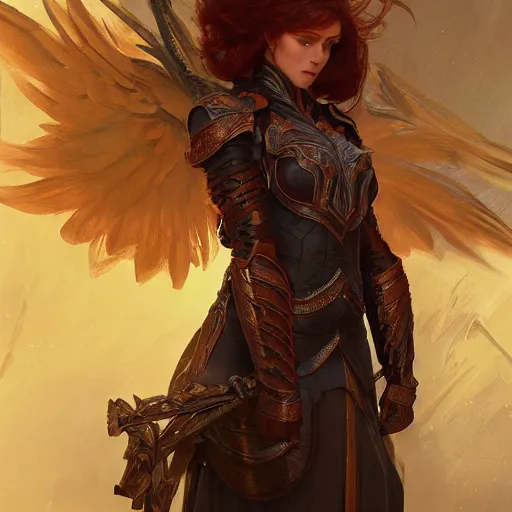 Image similar to ascending dark full body redhead goddess angel, intricate armor, highly detailed, digital painting, artstation, concept art, smooth, sharp focus, illustration, Unreal Engine 5, 8K, art by artgerm and greg rutkowski and alphonse mucha