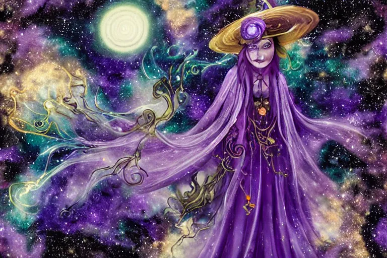 Image similar to a full shot witch with a long cloak and amethyst hat covered in intricate flowers and golden mushrooms in a galaxy and nebulae infused with pale clouds