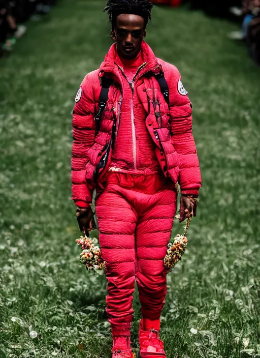 Image similar to hyperrealistic and heavy detailed moncler runway show of whole lotta red by playboi carti, leica sl 2 5 0 mm, vivid color, high quality, high textured, real life