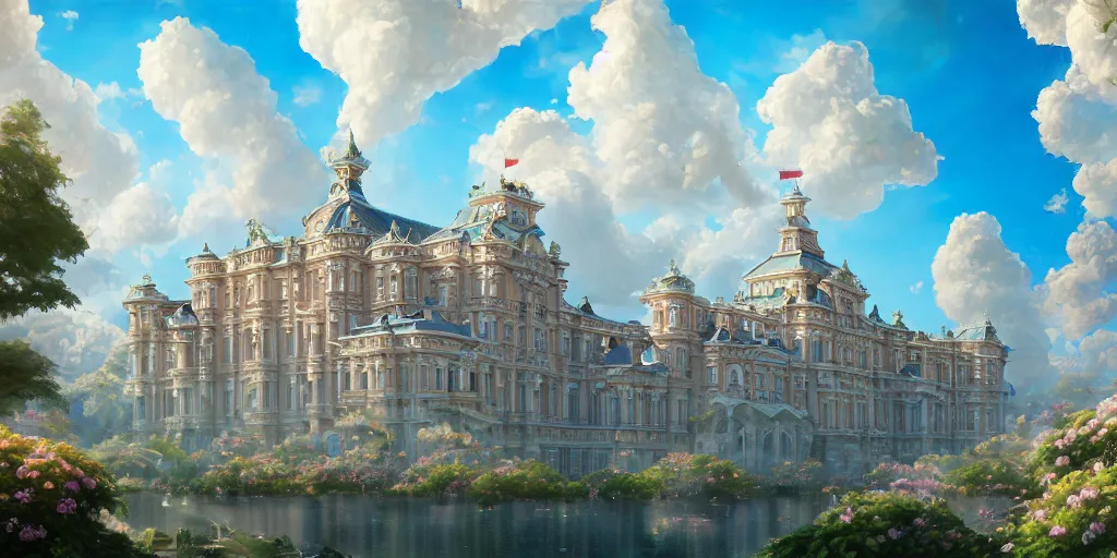 Image similar to A realistic painting of The Cat and its Rococo Palace in the sky with blue flowers and clouds, in the style of Krenz Cushart, Moebius, and Muchain, Prismatic, Rococo, Pearlescent, reflective, shimmering, highly detailed, masterpiece, dreamy, concept art, Cinema lighting, 8k, trending on artstation