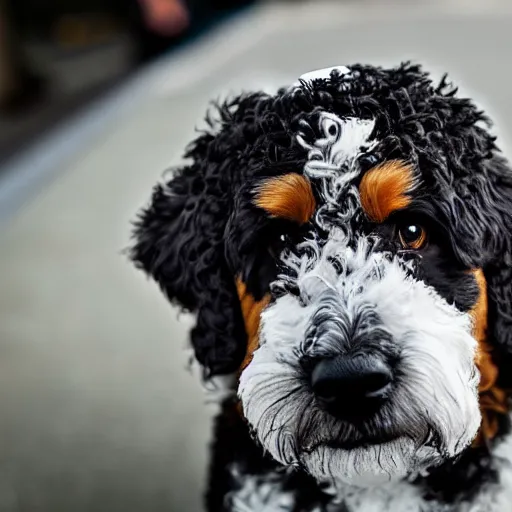 Image similar to a bernedoodle wearing a hat stylized icon trending high definition contrast