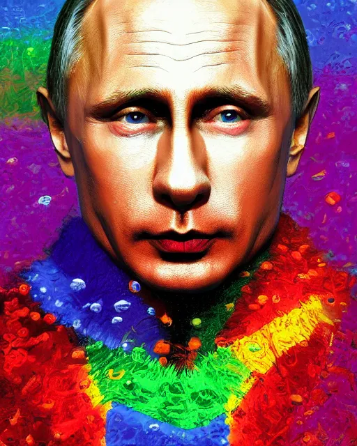 Image similar to a highly detailed portrait of Vladimir Putin as a colorful clown, gay pride flag background, intricate, digital painting, old english, particles floating, whimsical background by marc simonetti, John Singer Sargent style