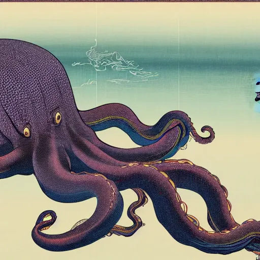 Image similar to CGI of giant octopus overlayed on ocean ukiyo-e background