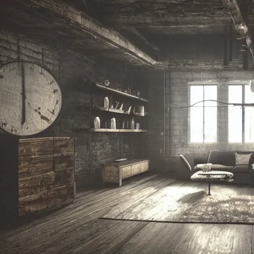 Image similar to rustic apartment interior, highly detailed, concept art, dark moody, night