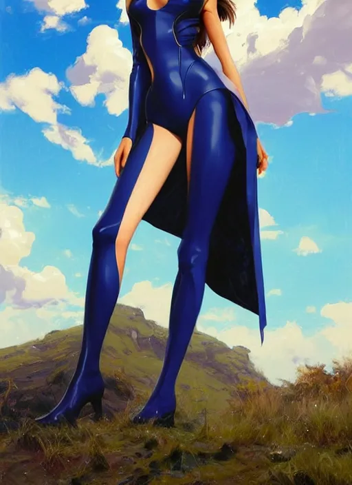 Image similar to full body portrait of a combination of Ashley Greene, Victoria Justice and Adriana Dxim, Grace Kelly and Lily Collins wearing a Plugsuit from Neon Genesis Evangelion, countryside, calm, fantasy character portrait, dynamic pose, above view, sunny day, thunder clouds in the sky, artwork by Jeremy Lipkin and Giuseppe Dangelico Pino and Michael Garmash and Rob Rey and Greg Manchess and Huang Guangjian, very coherent asymmetrical artwork, sharp edges, perfect face, simple form, 100mm