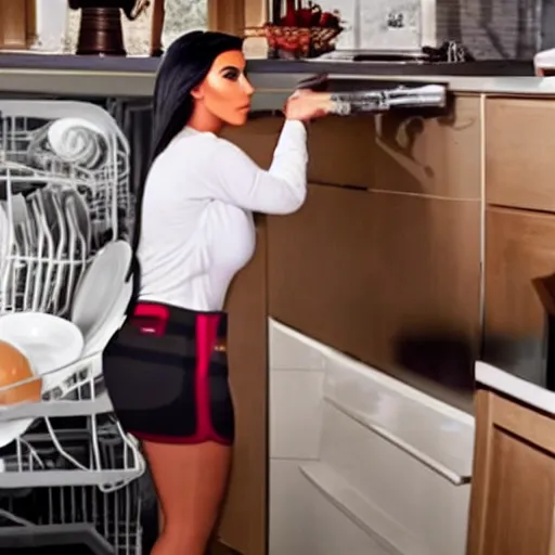 Image similar to kim kardashian fixing a dishwasher in a dirty kitchen, photorealist, ultra hd