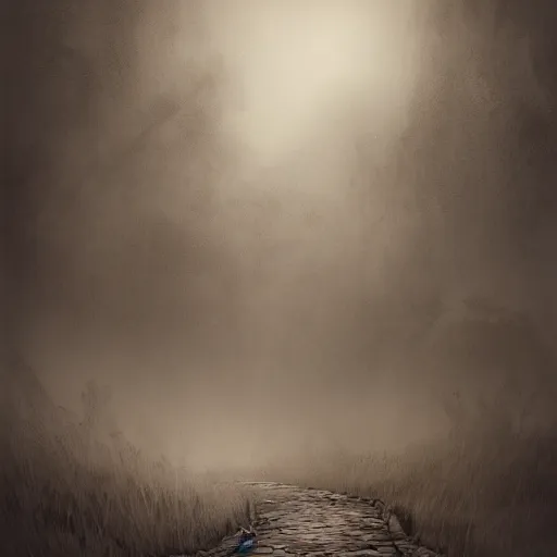 Image similar to a long winding pathway with no terrain on either side, creepy, gloomy, nightmare, dark rocks, dusty, sepia tones, with a mysterious dark castle at the of the path, digital art, 8 k, concept art, trending on artstation