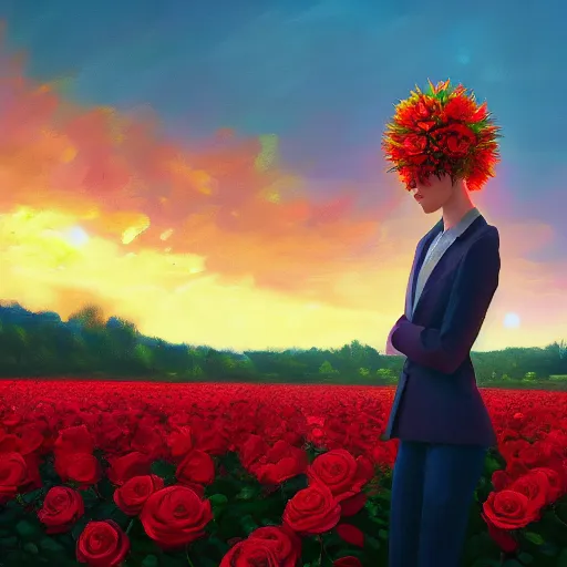Image similar to closeup, large rose flower head, frontal, girl in a suit, surreal photography, sunrise, blue sky, dramatic light, impressionist painting, digital painting, artstation, simon stalenhag