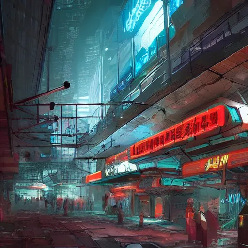 Image similar to a futuristic post - apocalyptic subway city of oriental type with neon lights artstation, illustration