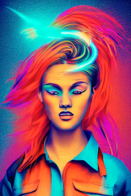 Prompt: a award winning half body portrait of a beautiful woman with stunning eyes in a croptop denim jacket and cargo pants with ombre red orange teal hairstyle head in motion and hair flying while dancing by thomas danthony, surrounded by whirling illuminated lines, outrun, vaporware, shaded flat illustration, digital art, trending on artstation, highly detailed, fine detail, intricate