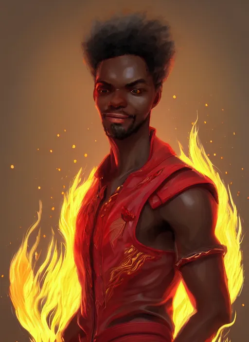 Prompt: a highly detailed illustration of attractive top cut haired african guy wearing red jacket, flaming eyes, dramatic smile pose, intricate, elegant, highly detailed, centered, digital painting, artstation, concept art, smooth, sharp focus, league of legends concept art, wlop