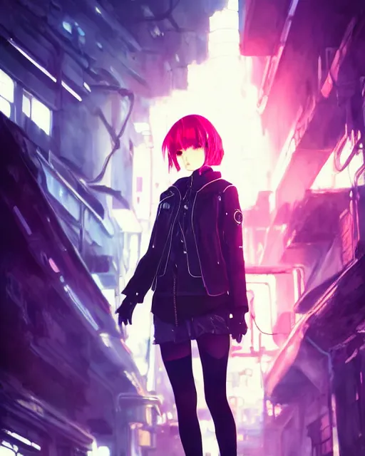 Image similar to kyoto animation, cool lady wearing cyberpunk warcore clothing, beautiful, detailed portrait, cell shaded, 4 k, concept art, by wlop, ilya kuvshinov, artgerm, krenz cushart, greg rutkowski, pixiv. cinematic dramatic atmosphere, sharp focus, volumetric lighting, cinematic lighting, studio quality