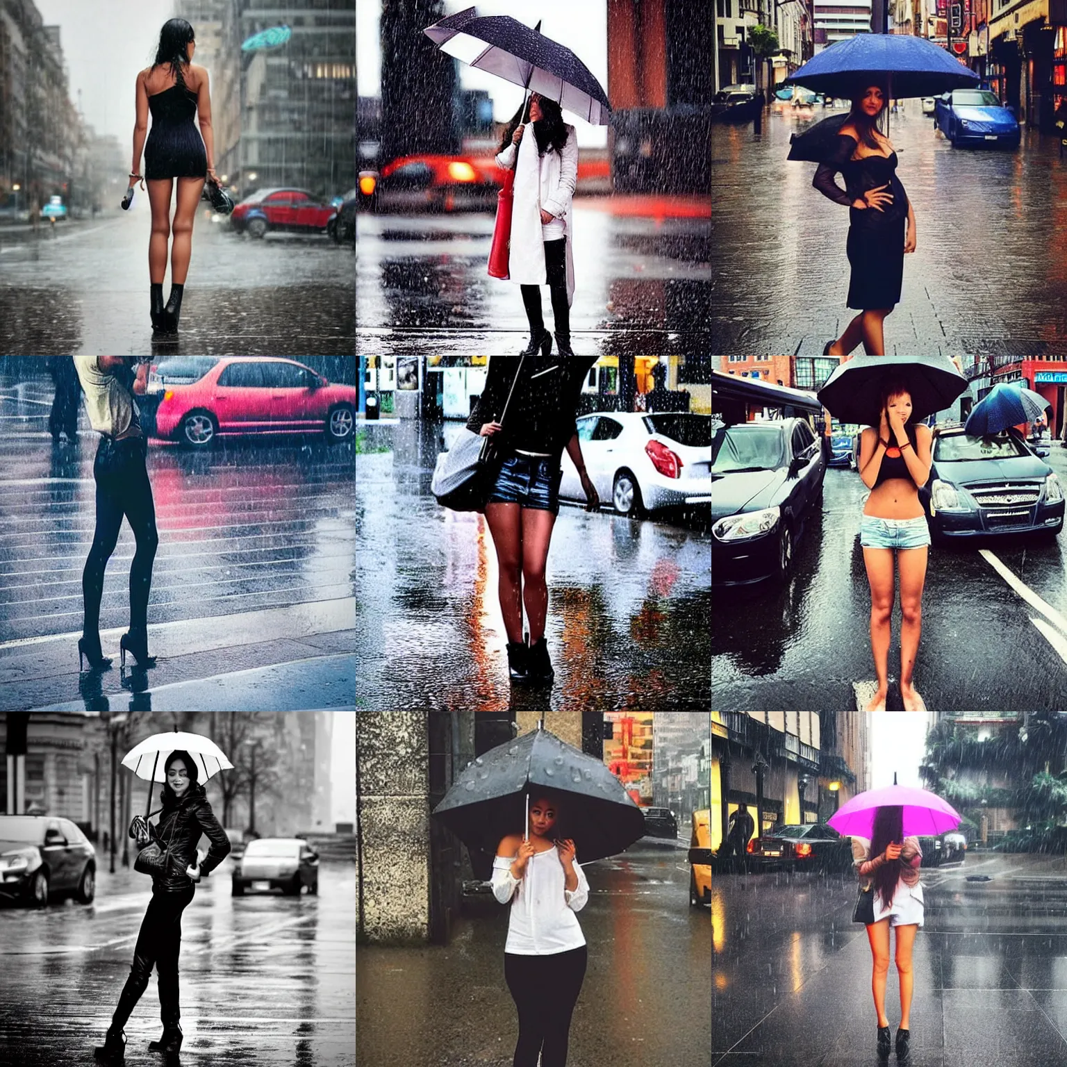Prompt: “most beautiful and sexy women standing on the street in the rain”