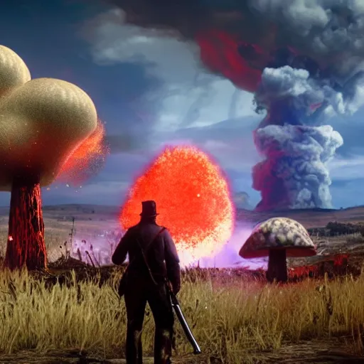 Image similar to nuclear explosion with huge mushroom cloud, rdr 2 screenshot