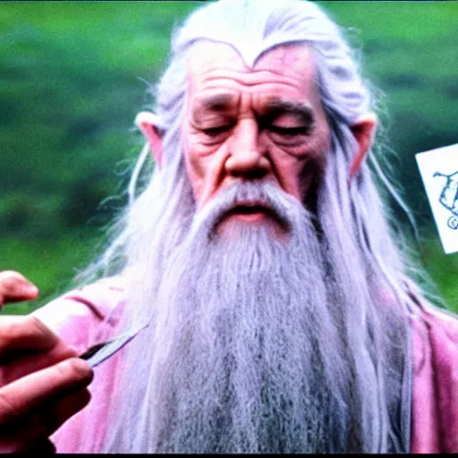 Image similar to portrait of gandalf, wearing a pink ribbon tied into his hair, holding a blank playing card up to the camera, movie still from the lord of the rings