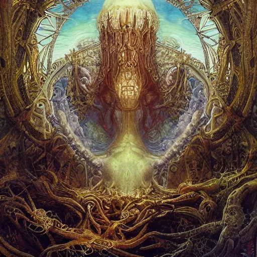 Image similar to muscular eldritch radiating town fractal shimmering phantasm, by h. r. giger and esao andrews and maria sibylla merian eugene delacroix, gustave dore, thomas moran, pop art, chiaroscuro, biopunk, art nouveau