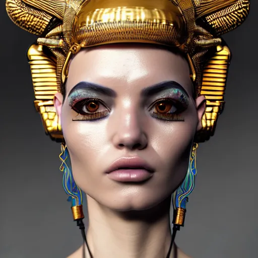 Image similar to portrait of an absurdly beautiful, graceful, sophisticated, fashionable egyptian cyberpunk mechanoid gravure idol, hyperdetailed illustration by irakli nadar, matt wisniewski style, intricate linework, fashion photography, porcelain skin, jellyfish headdress, golden cable necklace, unreal engine 5 highly rendered, radiant light, detailed and intricate environment