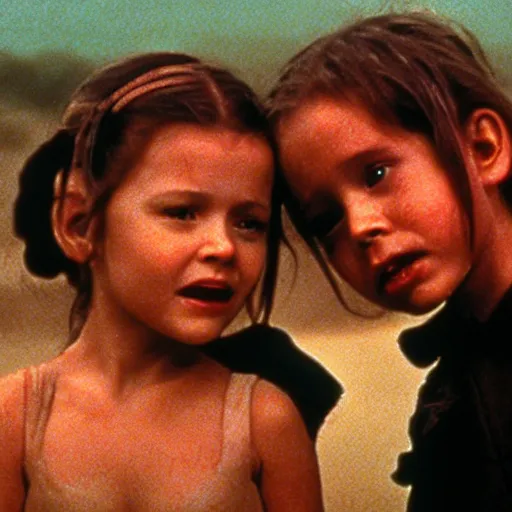 Image similar to wide scenic shot from the scene from the David Lynch production of star wars where the conjoined children play. The children are conjoined at the head and neck, they share one head. Cinematic, VHS copy, film grain, 35mm film.