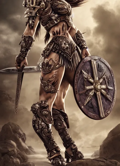 Prompt: portrait of a beautiful muscular maiden spartan with a sword and shield, wounds from battle, warhammer 40000, intricate, elegant, highly detailed, smooth, sharp focus, cinematic lighting, dramatic scene, illustration, art by stephen lau and artgerm in the style of Steven Kostic and greg rutkouwski,