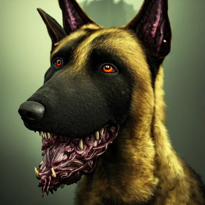 Image similar to portrait of zombie belgian-malinois. intricate abstract. intricate artwork. by Tooth Wu, wlop, beeple, dan mumford. octane render, trending on artstation, greg rutkowski, very coherent symmetrical artwork. cinematic, hyper realism, high detail, octane render, 8k, iridescent accents, deep blacks