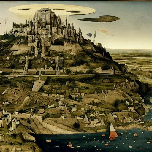 Image similar to Minas Tirith by Bruegel and Hokusail, masterpiece