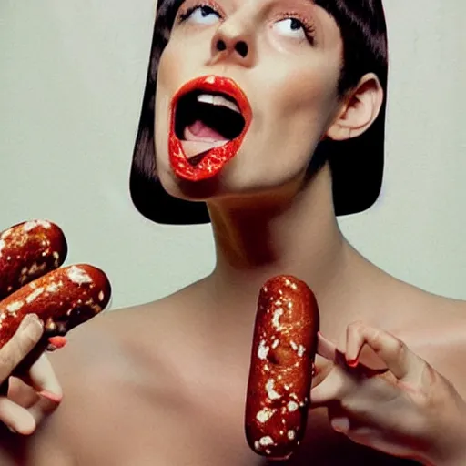 Prompt: a fashion model curls her hair using hot dogs. surreal photograph, toiletpaper magazine, 3 5 mm photograph, by pierpaolo ferrari, maurizio cattelan