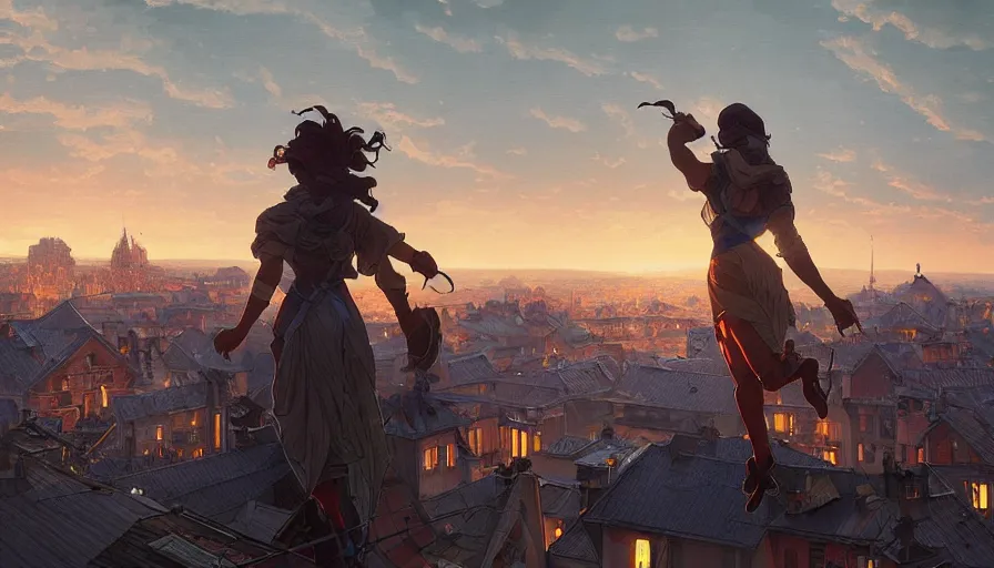 Prompt: jumping on roofs throught the city at late night sunset. trending on artstation, greg rutkowski, artgerm, cgsociety, alphonse mucha, digital art, highly detailed 4 k,