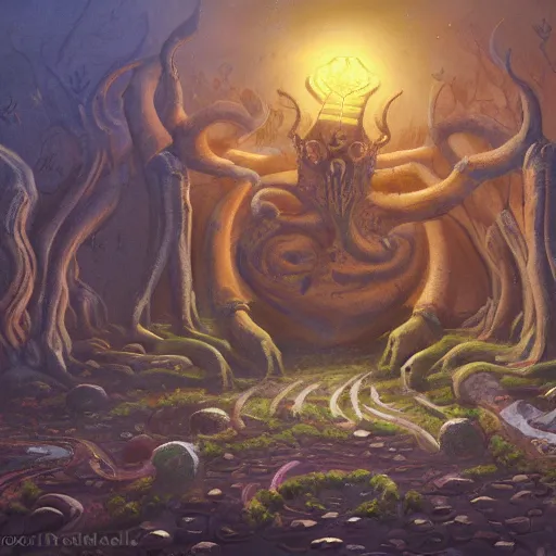 Image similar to a village built on the god of nyarlathotep, toad - like creatures that seemed to change their shape and appearance constantly, and from which emanated, in some way that i am unable to distinguish, a horrible hooting, a kind of flute. oil painting, digital art, ultradetailed, artstation