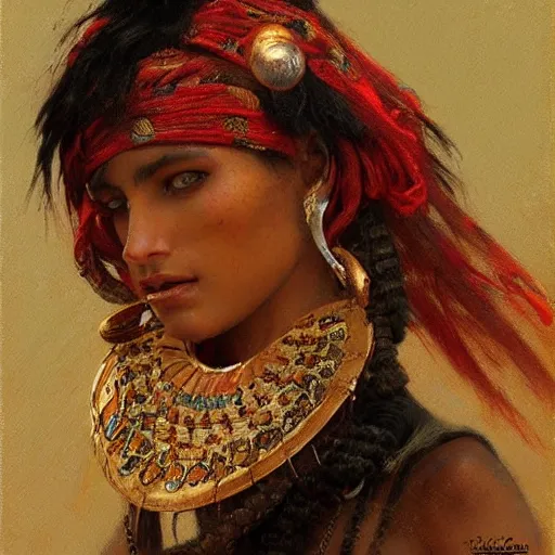 Image similar to tuareg woman in traditional clothes, gaston bussiere, tom bagshaw