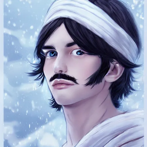 Image similar to boy with snow white shoulder-length hair, wearing a white flowing robe. beautiful hyperdetailed eyes, concept art, illustration, trending on artstation