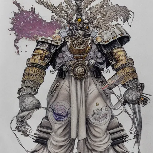 Prompt: prompt: portrait drawn by Katsuhiro Otomo, inspired by Warhammer characters, magical and alchemical objects on the side, soft light, white background, intricate detail, intricate ink painting detail, sharp high detail, manga and anime 2000