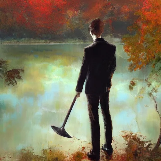 Image similar to stoic young man with red tipped green hair wearing a cream suit shedding a single tear standing before a lake in an autumnal forest holding a halberd shaped like a carnation, oil painting by jeremy mann and yoji shinkawa