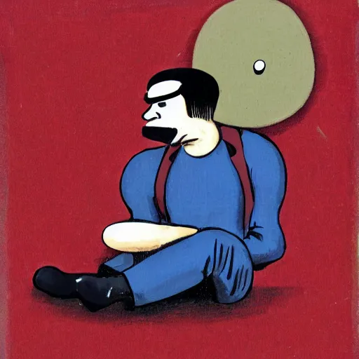 Image similar to a one-eyed-man sitting