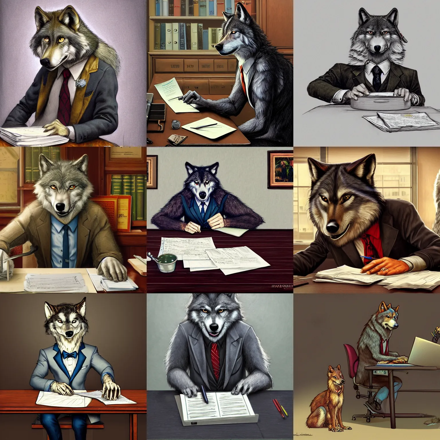 Prompt: an anthropomorphic wolf wearing a suit sitting at a desk doing paperwork, furry art, furry wolf, anthropomorphic wolf, norman rockwell, iain mccaig, hyperdetailed, dynamic pose, digital painting style, 4 k