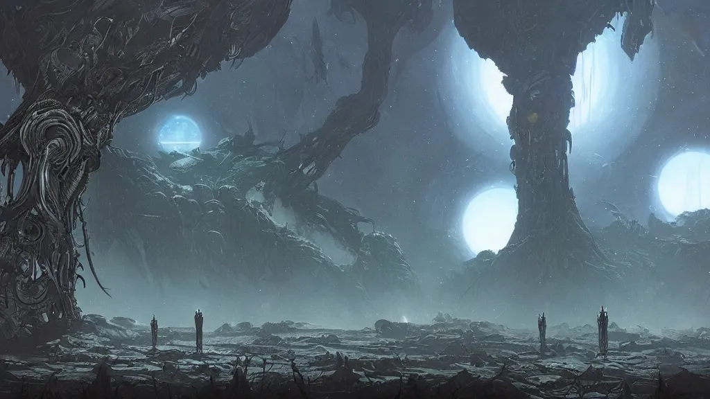 Image similar to eerie atmospheric alien planet with biomechanical plants by les edwards and vincent di fate and anato finnstark, epic cinematic matte painting