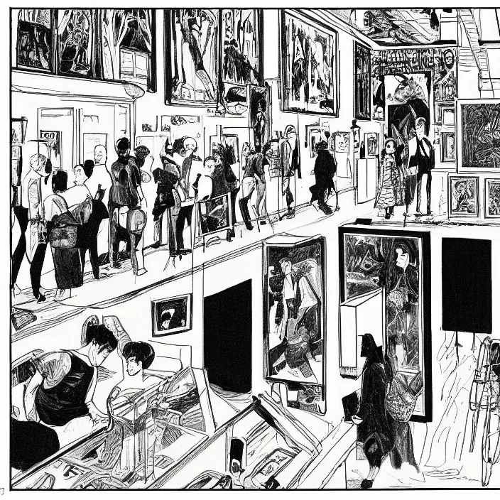 Prompt: a still frame from comic strip a visitors in a contemporary art gallery 1 9 9 0, new yorker illustration, monochrome contrast bw, lineart, manga