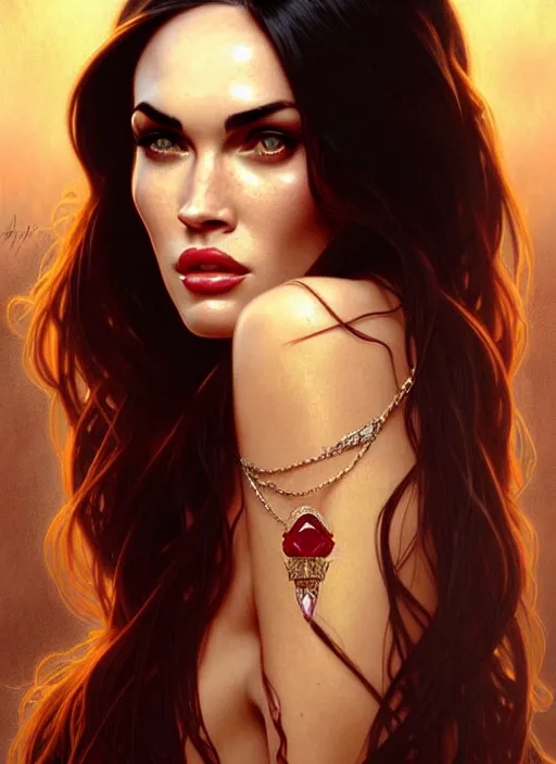 Image similar to portrait of megan fox as a vampire queen, jewelry, greek, ruby, intricate, headshot, highly detailed, digital painting, artstation, concept art, sharp focus, cinematic lighting, illustration, art by artgerm and greg rutkowski, alphonse mucha, cgsociety