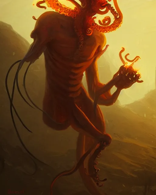 Image similar to tentacled [ squidward ], detailed face, wearing fire nation clothing and practicing firebending outside at susnset, [ greg rutkowski ]