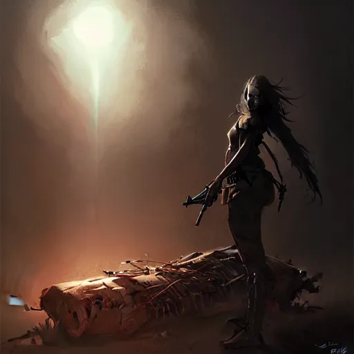 Image similar to only the dead have seen the end of war, artwork by artgerm, danger lurking in the night, fear of death, rendered in pov - ray, style of greg rutkowski and jackson pollock