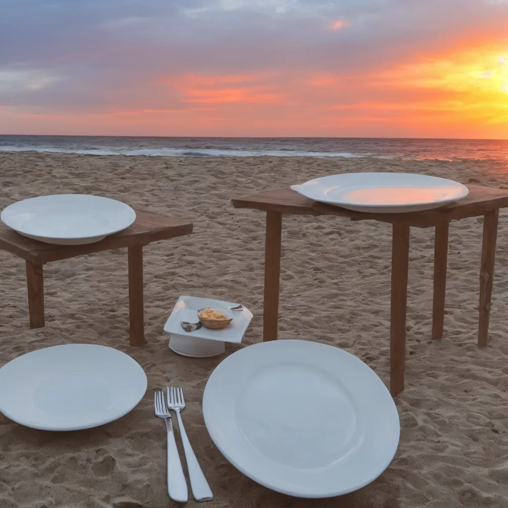 Image similar to professional photo of empty white dish in the middle over a table with a sunset on the beach in the background