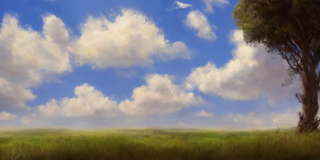 Prompt: peaceful puffy clouds, mate painting, concept art, 4K