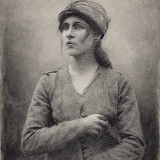 Image similar to ww 1 action heroine, by alfred stevens in charcoal