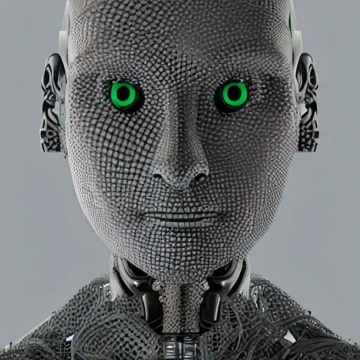 Prompt: biometric humanoid robot, head and body, intricate detail, cyber and mechanical